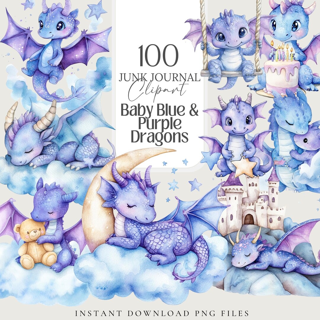 Watercolor Baby Dragon Clipart: Purple & Blue Nursery Art (100 PNG) - Etsy