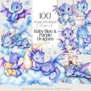 Niedliches Baby Drache Lila Blau Clipart | Wunderliche Aquarell 100 PNG Kinderzimmer Kunst, Babyparty lädt ein, Tags, Karte, Sublimation kommerzielle Nutzung