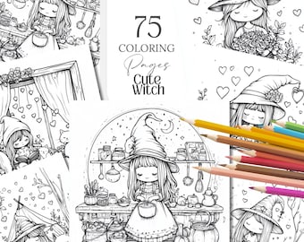 Cute Witchy Coloring Pages Cottagecore Coloring Illustrations Witch Coloring Drawings Cozy Life Coloring Cards Fantasy Coloring Art kawaii