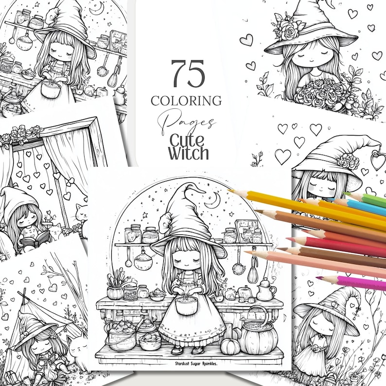 Cute Witchy Cottagecore Coloring Pages 75 PNG files sized 3000x3000px. Includes magical and whimsical designs for coloring, junk journaling, scrapbooking, and cozy crafts. files with commercial use license for digital and print projects.