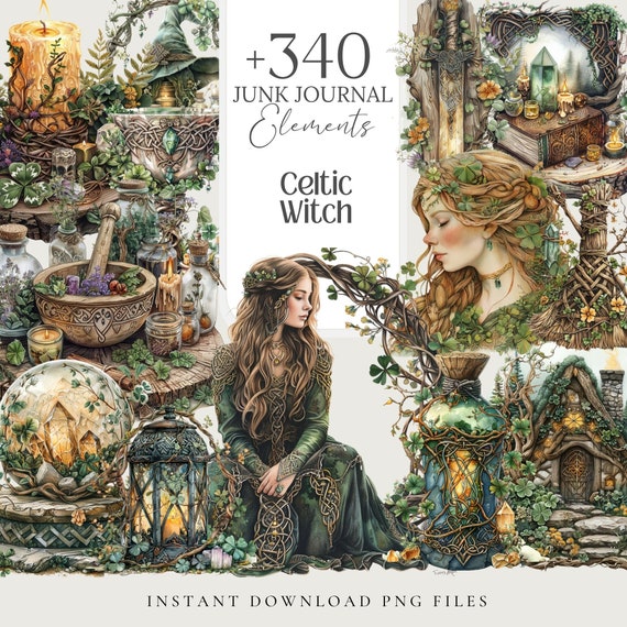 Celtic Witch PNG Clipart Green Magic Wiccan Ephemera witchy junk journal scrapbook grimoire stickers spiritual sublimation spell fussy cut