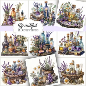 May include: Watercolor illustrations featuring apothecary bottles, lavender, and daisies. The images showcase various arrangements of glass bottles with cork stoppers, filled with colorful liquids and herbs. The text "Beautiful Illustrations" is also present.