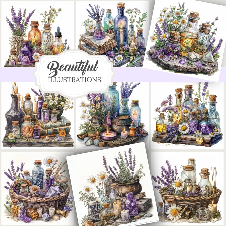 May include: Watercolor illustrations featuring apothecary bottles, lavender, and daisies. The images showcase various arrangements of glass bottles with cork stoppers, filled with colorful liquids and herbs. The text "Beautiful Illustrations" is also present.