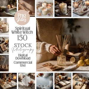 Könnte beinhalten: Eine Collage von Bildern mit Kerzen, Kristallen und Aromatherapie-Diffusoren. Die Bilder haben eine warme, neutrale Farbpalette. Der Text in der Mitte lautet "Spiritual White Witch 150 Stock Photography Digital Download Commercial Use."