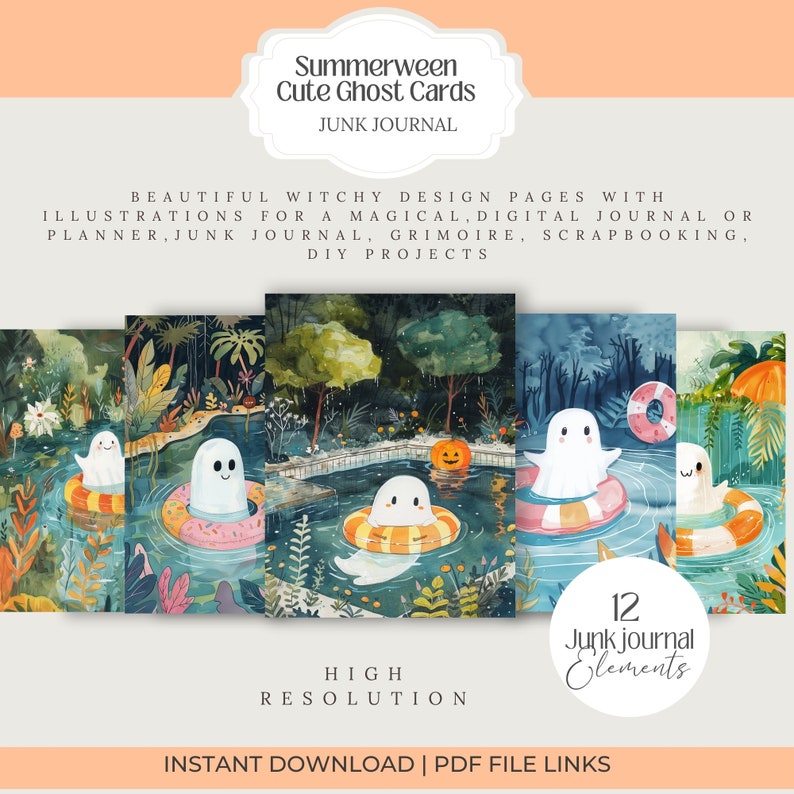 Summerween cute Ghost Printable Cards postcards png, Whimsical wallpaper, Illustration, junk journal, scrapbook Wall art, greeting card tags