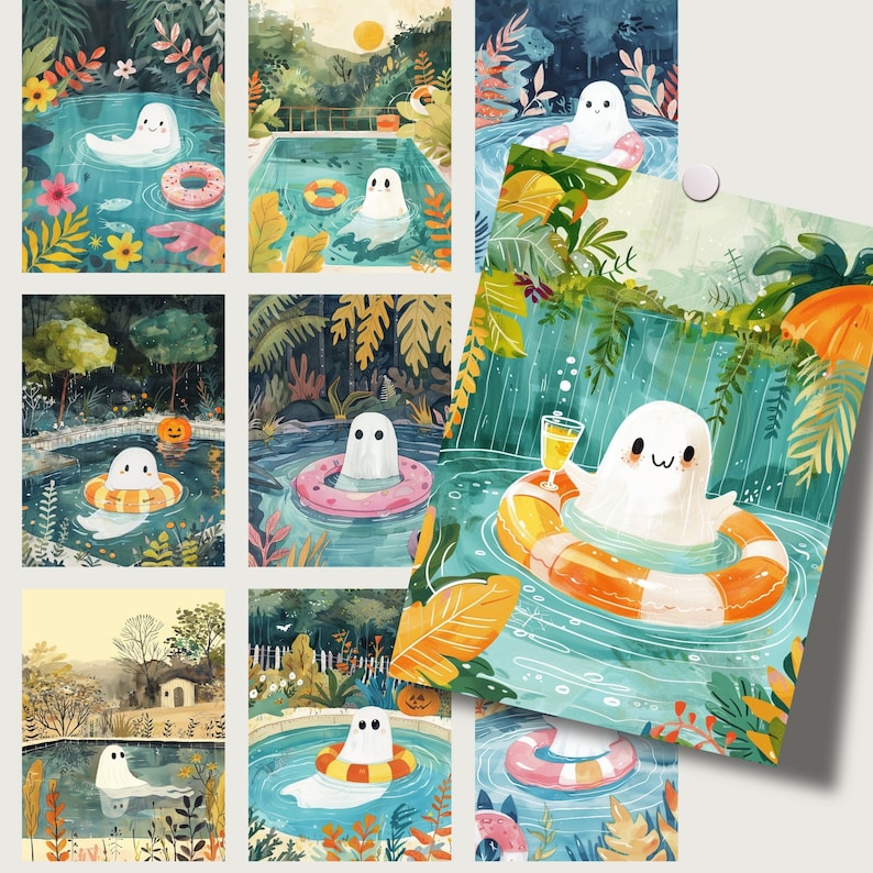 Summerween cute Ghost Printable Cards postcards png, Whimsical wallpaper, Illustration, junk journal, scrapbook Wall art, greeting card tags