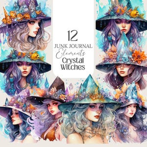 Crystal Witch Clipart Witchy Planner Stickers Wallpaper for Digital Grimoire Stickers for Book of Shadows, Witch Junk Journal Kit