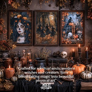 Pu&ograve; includere: Tre stampe d'arte da parete incorniciate raffiguranti una donna con trucco da teschio, streghe in una foresta e una collezione di libri con teschi e zucche. Il testo recita: Crafted for spiritual souls, modern witches and creators: turn breathtaking magic into beautiful physical art. Witchy Art Studio.