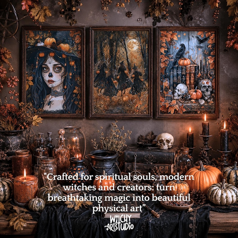 Pu&ograve; includere: Tre stampe d'arte da parete incorniciate raffiguranti una donna con trucco da teschio, streghe in una foresta e una collezione di libri con teschi e zucche. Il testo recita: Crafted for spiritual souls, modern witches and creators: turn breathtaking magic into beautiful physical art. Witchy Art Studio.