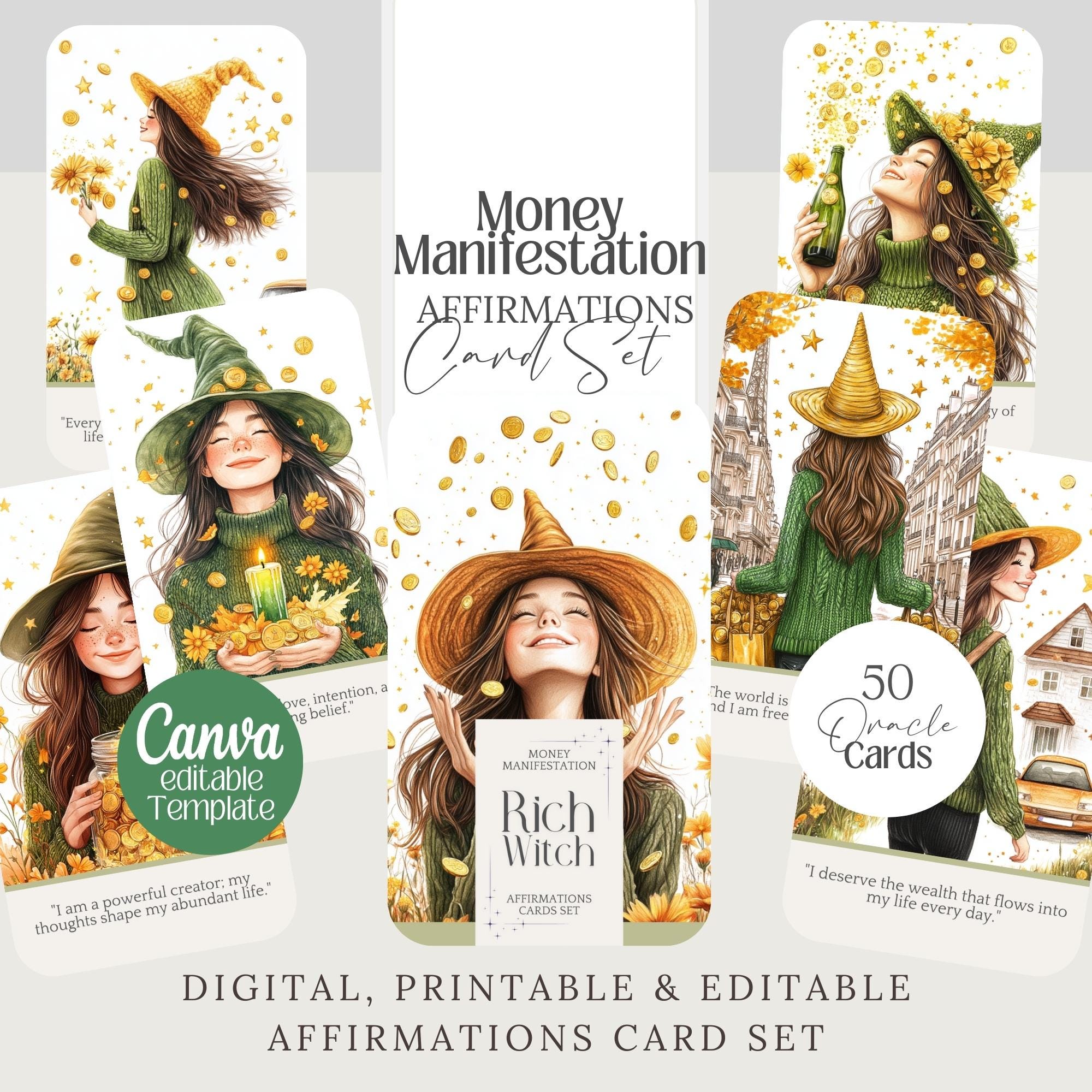 Money Manifestation Affirmation cards png Rich witch printable card deck abundance editable Tarot cute witch divination oracle card set