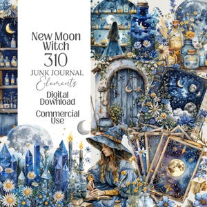 May include: Digital download of "New Moon Witch" junk journal elements. The image features a watercolour illustration with a witch, tarot cards, crystals, and celestial elements in shades of blue and gold. Includes the text "Commercial Use".