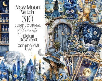 Moon Witch png Digital Grimoire Paper Witchy Wallpaper planner Set for Book of Shadows, junk journal clipart magic Stationery, printable