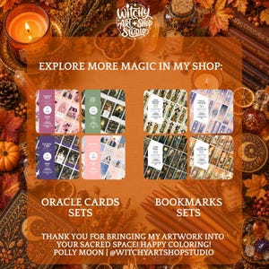 May include: A promotional graphic for Witchy Art Shop Studio featuring oracle card sets and bookmark sets. The text reads EXPLORE MORE MAGIC IN MY SHOP, ORACLE CARDS SETS, BOOKMARKS SETS, and THANK YOU FOR BRINGING MY ARTWORK INTO YOUR SACRED SPACE!