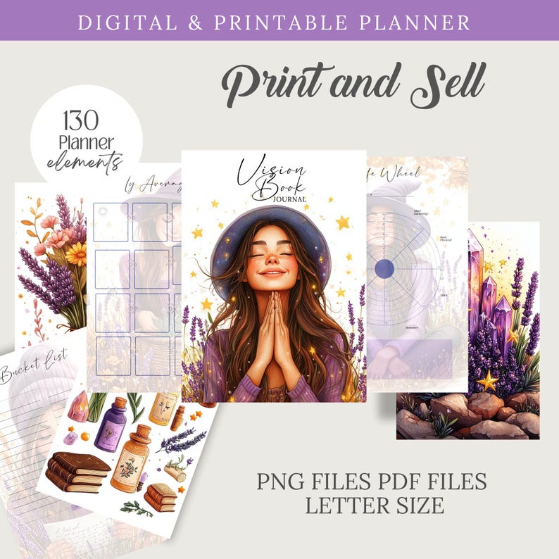 Vision Book Witchy Planner with 35 planner pages, 82 mystical illustrations, and 16 sticker sheets. Letter-sized printable set for vision boards, manifestation journals, and spiritual notebooks. Includes commercial use for physical products.