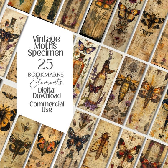 Vintage specimen Bookmark Moth png witchy scrapbook Tag Botanical Apothecary Clipart Book of Shadow Label Ephemera butterfly Sublimation