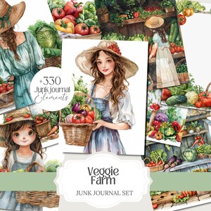Veggie farm gardening PNG set with over 330 elements. Includes clipart, ephemera, and border pages ideal for junk journaling, scrapbooking, grimoire pages, and green witch rituals. Designed for spring, summer, and botanical craft projects.