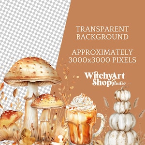 Collection of over 100 boho, cozy, neutral color fall/autumn watercolor PNG images with transparent backgrounds. Ideal for creating stickers, planners, scrapbooks, junk journals, ephemera, sublimation crafts, and various DIY projects