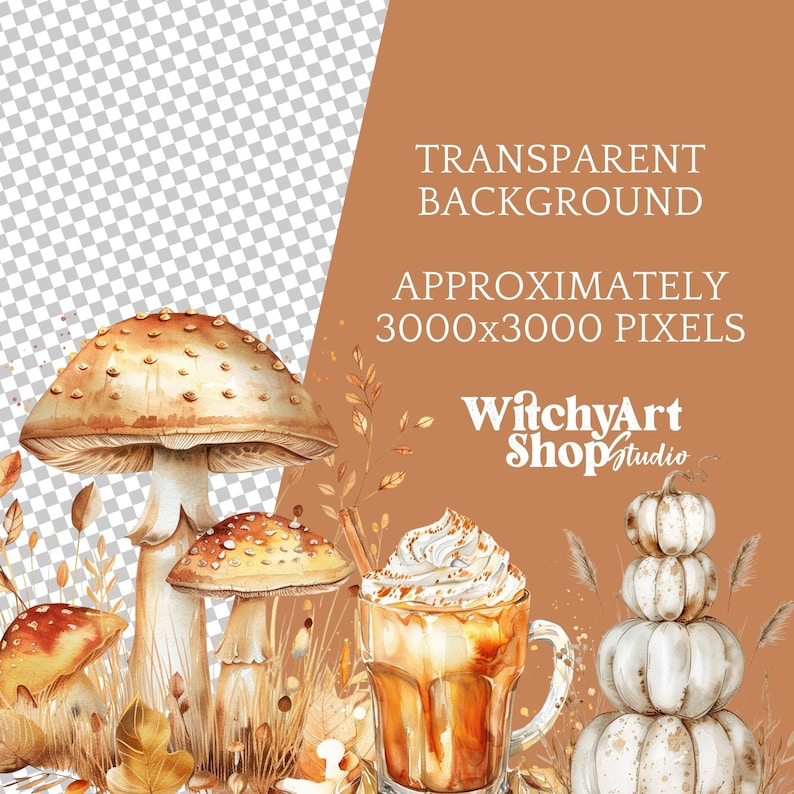 Collection of over 100 boho, cozy, neutral color fall/autumn watercolor PNG images with transparent backgrounds. Ideal for creating stickers, planners, scrapbooks, junk journals, ephemera, sublimation crafts, and various DIY projects