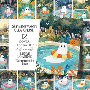 May include: A digital download featuring 12 cover illustrations of a cute ghost in a pool with a floatie. The illustrations have a watercolor style with a summer and Halloween theme. The text reads "Summerween Cute Ghost" and "Commercial Use".
