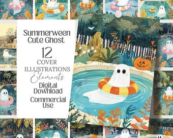 May include: A digital download featuring 12 cover illustrations of a cute ghost in a pool with a floatie. The illustrations have a watercolor style with a summer and Halloween theme. The text reads "Summerween Cute Ghost" and "Commercial Use".
