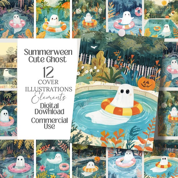 Summerween Ghost Cards, Printable Ephemera (PNG