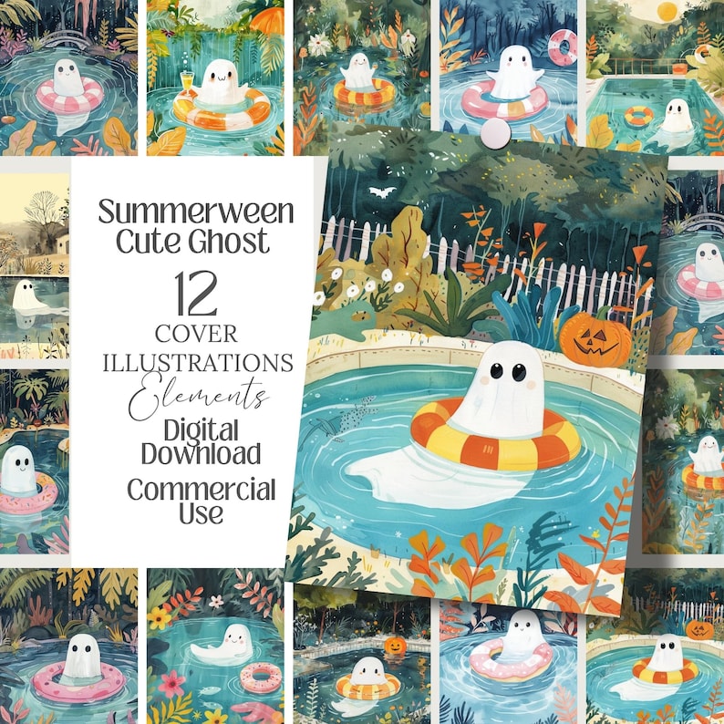 May include: A digital download featuring 12 cover illustrations of a cute ghost in a pool with a floatie. The illustrations have a watercolor style with a summer and Halloween theme. The text reads "Summerween Cute Ghost" and "Commercial Use".