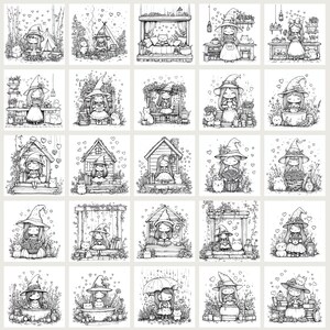 Cute Witchy Cottagecore Coloring Pages 75 PNG files sized 3000x3000px. Includes magical and whimsical designs for coloring, junk journaling, scrapbooking, and cozy crafts. files with commercial use license for digital and print projects.