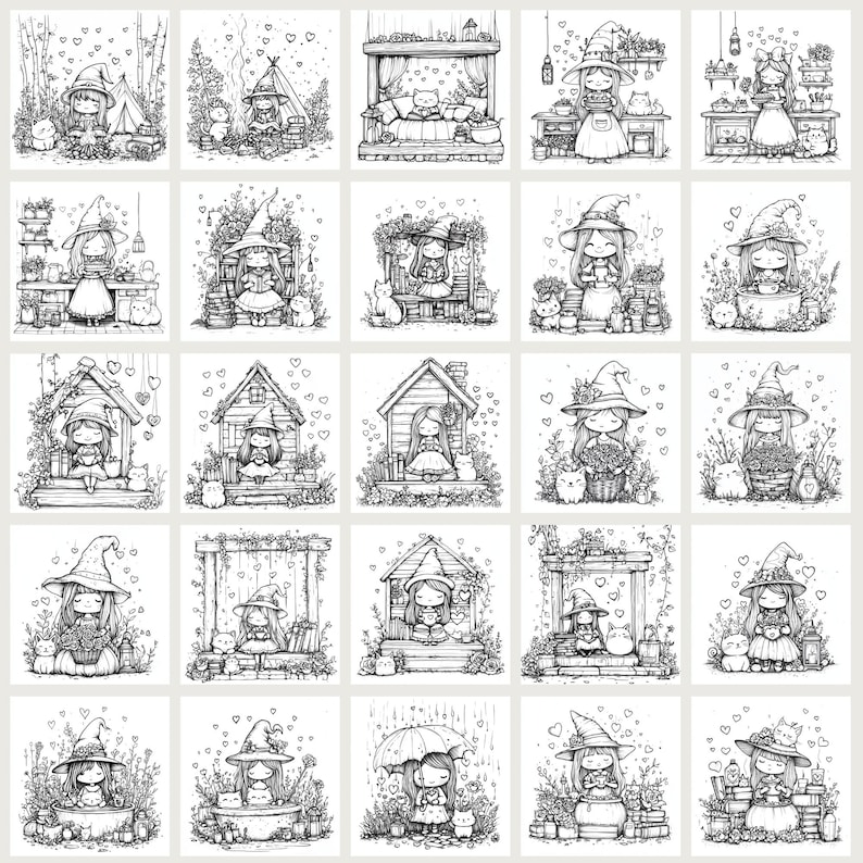 Cute Witchy Cottagecore Coloring Pages 75 PNG files sized 3000x3000px. Includes magical and whimsical designs for coloring, junk journaling, scrapbooking, and cozy crafts. files with commercial use license for digital and print projects.