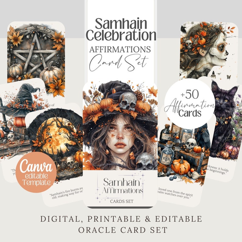 Samhain Affirmation cards, halloween witchy printable deck, editable template, Tarot, witch affirmation png Wicca divination oracle card set