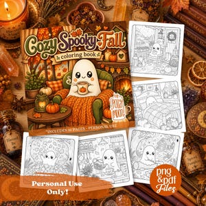 May include: A Cozy Spooky Fall colouring book featuring a ghost holding a mug on the cover, surrounded by four black and white colouring pages showing scenes of a ghost in a house, bed, leaves, kitchen, and woods, with the text by Polly Moon.