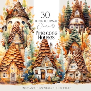 Maisons automne pomme de pin, Cottagecore fairy fantasy Clipart planner Stickers papier peint pour grimoire numérique, livre des ombres, journal de la malbouffe de sorcière