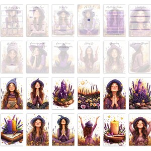 Vision Book Witchy Planner with 35 planner pages, 82 mystical illustrations, and 16 sticker sheets. Letter-sized printable set for vision boards, manifestation journals, and spiritual notebooks. Includes commercial use for physical products.