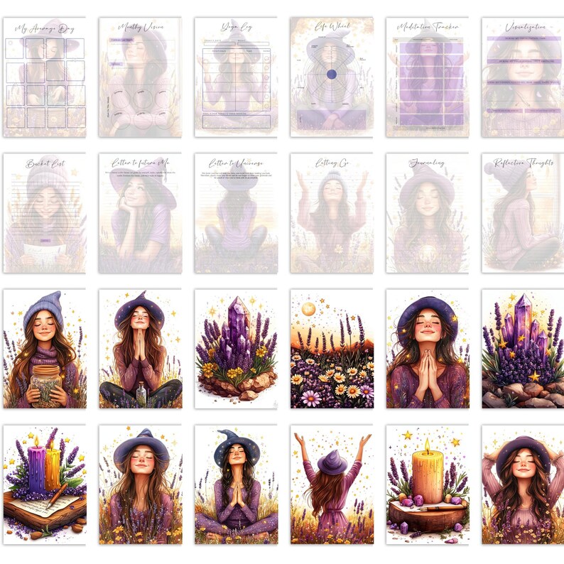 Vision Book Witchy Planner with 35 planner pages, 82 mystical illustrations, and 16 sticker sheets. Letter-sized printable set for vision boards, manifestation journals, and spiritual notebooks. Includes commercial use for physical products.