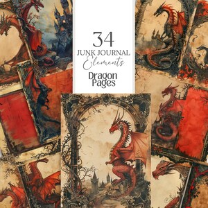 May include: 34 Junk Journal Elements Dragon Pages. A collage of digital paper images featuring red dragons, castles, and ornate frames. The images are perfect for adding a touch of fantasy to your junk journal.