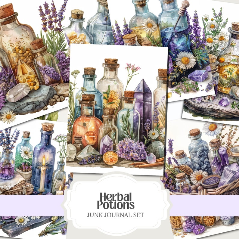 May include: Watercolor illustration of a junk journal set featuring various apothecary bottles with cork stoppers, filled with herbs, crystals, and flowers. The image has a vintage aesthetic with the text "Herbal Potions" and "Junk Journal Set".
