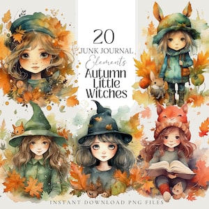 Autumn Little Fall Witch Clipart Witchy Planner Stickers Wallpaper for Digital Grimoire Stickers for Book of Shadows, Witch Junk Journal Kit