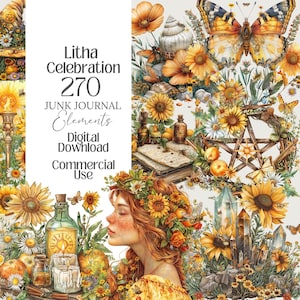 May include: A digital collage featuring a woman with red hair and a floral crown, surrounded by sunflowers, butterflies, and crystals. The text "Litha Celebration 270 Junk Journal Elements Digital Download Commercial Use" is displayed.