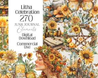 May include: A digital collage featuring a woman with red hair and a floral crown, surrounded by sunflowers, butterflies, and crystals. The text "Litha Celebration 270 Junk Journal Elements Digital Download Commercial Use" is displayed.