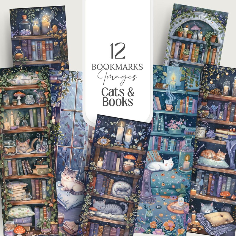 Cute Cats and Book Lovers Witchy Cozy Kitty Witch Bookworm Reading PNG images with a 1:3 ratio. Perfect for bookmarks, tags, labels, junk journals, scrapbooking, illustrations, clipart, sublimation, and stickers