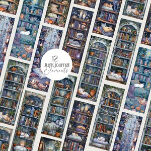 Cute Cats and Book Lovers Witchy Cozy Kitty Witch Bookworm Reading PNG images with a 1:3 ratio. Perfect for bookmarks, tags, labels, junk journals, scrapbooking, illustrations, clipart, sublimation, and stickers