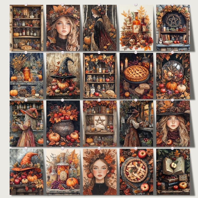 Mabon cozy harvest witchy clipart featuring over 100 PNG files, 5x7 inches each. Perfect for junk journals, grimoire pages, Book of Shadows, spell books, and fall crafts. Includes commercial use for creating spiritual and seasonal projects.