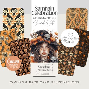 Samhain Affirmation cards, halloween witchy printable deck, editable template, Tarot, witch affirmation png Wicca divination oracle card set