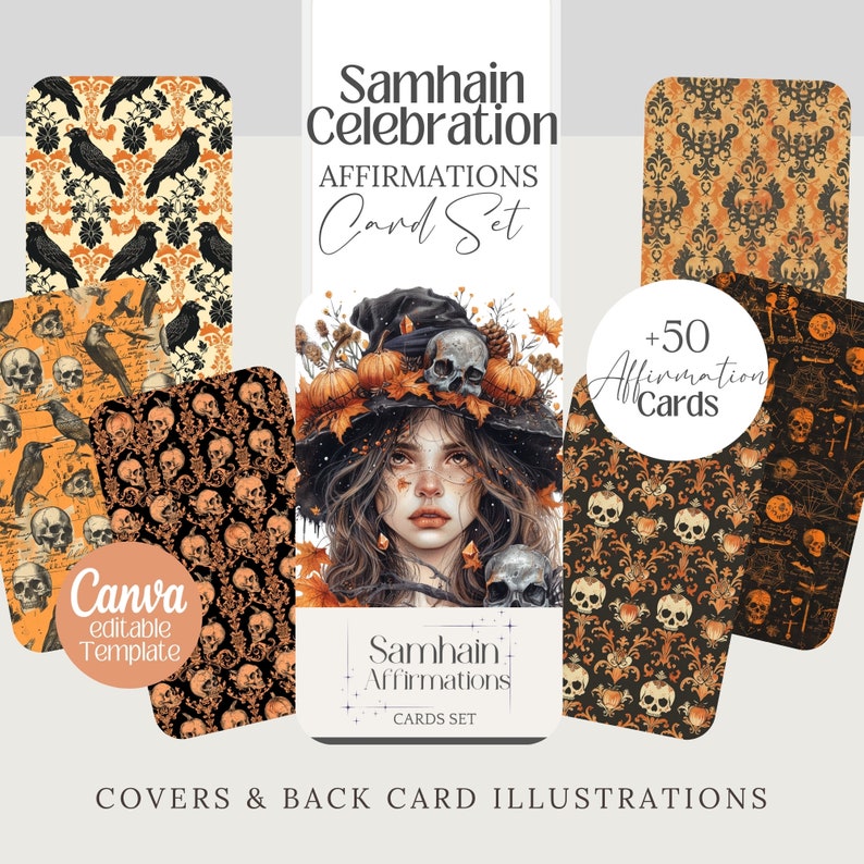Samhain Affirmation cards, halloween witchy printable deck, editable template, Tarot, witch affirmation png Wicca divination oracle card set