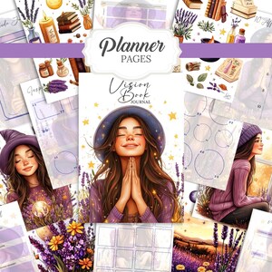 Vision Book Witchy Planner with 35 planner pages, 82 mystical illustrations, and 16 sticker sheets. Letter-sized printable set for vision boards, manifestation journals, and spiritual notebooks. Includes commercial use for physical products.