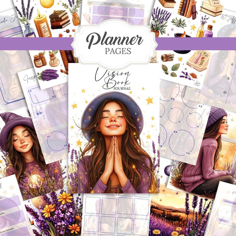 Vision Book Witchy Planner with 35 planner pages, 82 mystical illustrations, and 16 sticker sheets. Letter-sized printable set for vision boards, manifestation journals, and spiritual notebooks. Includes commercial use for physical products.