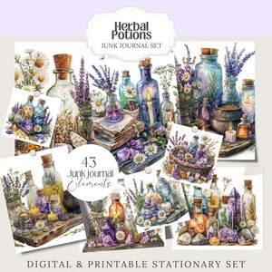 May include: Digital and printable junk journal set featuring watercolor illustrations of apothecary bottles, lavender, daisies, and crystals. The set includes 43 elements with the text "Herbal Potions" and "Junk Journal Set". The overall color palette is soft and whimsical.