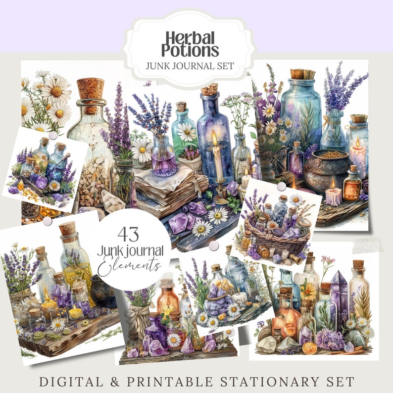 May include: Digital and printable junk journal set featuring watercolor illustrations of apothecary bottles, lavender, daisies, and crystals. The set includes 43 elements with the text "Herbal Potions" and "Junk Journal Set". The overall color palette is soft and whimsical.