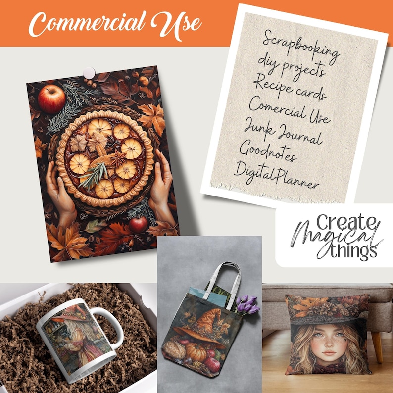Mabon cozy harvest witchy clipart featuring over 100 PNG files, 5x7 inches each. Perfect for junk journals, grimoire pages, Book of Shadows, spell books, and fall crafts. Includes commercial use for creating spiritual and seasonal projects.