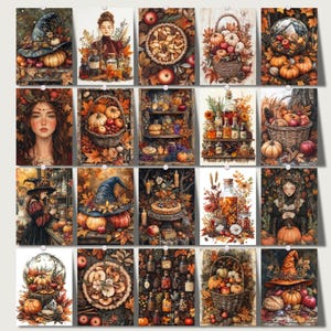 Mabon cozy harvest witchy clipart featuring over 100 PNG files, 5x7 inches each. Perfect for junk journals, grimoire pages, Book of Shadows, spell books, and fall crafts. Includes commercial use for creating spiritual and seasonal projects.