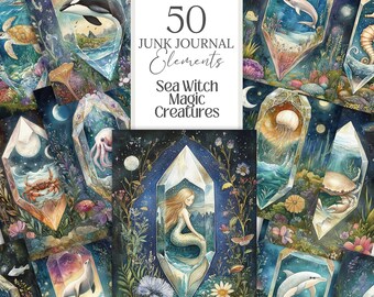 Op de afbeelding: 50 Junk Journal Elementen: Zeeheks Magische Wezens. Een verzameling digitale illustraties met magische zeedieren, waaronder zeemeerminnen, kwallen, zeepaardjes en dolfijnen, ingesloten in kristalvormige vormen. De illustraties zijn geplaatst tegen een donkerblauwe achtergrond met sterren en bloemen.